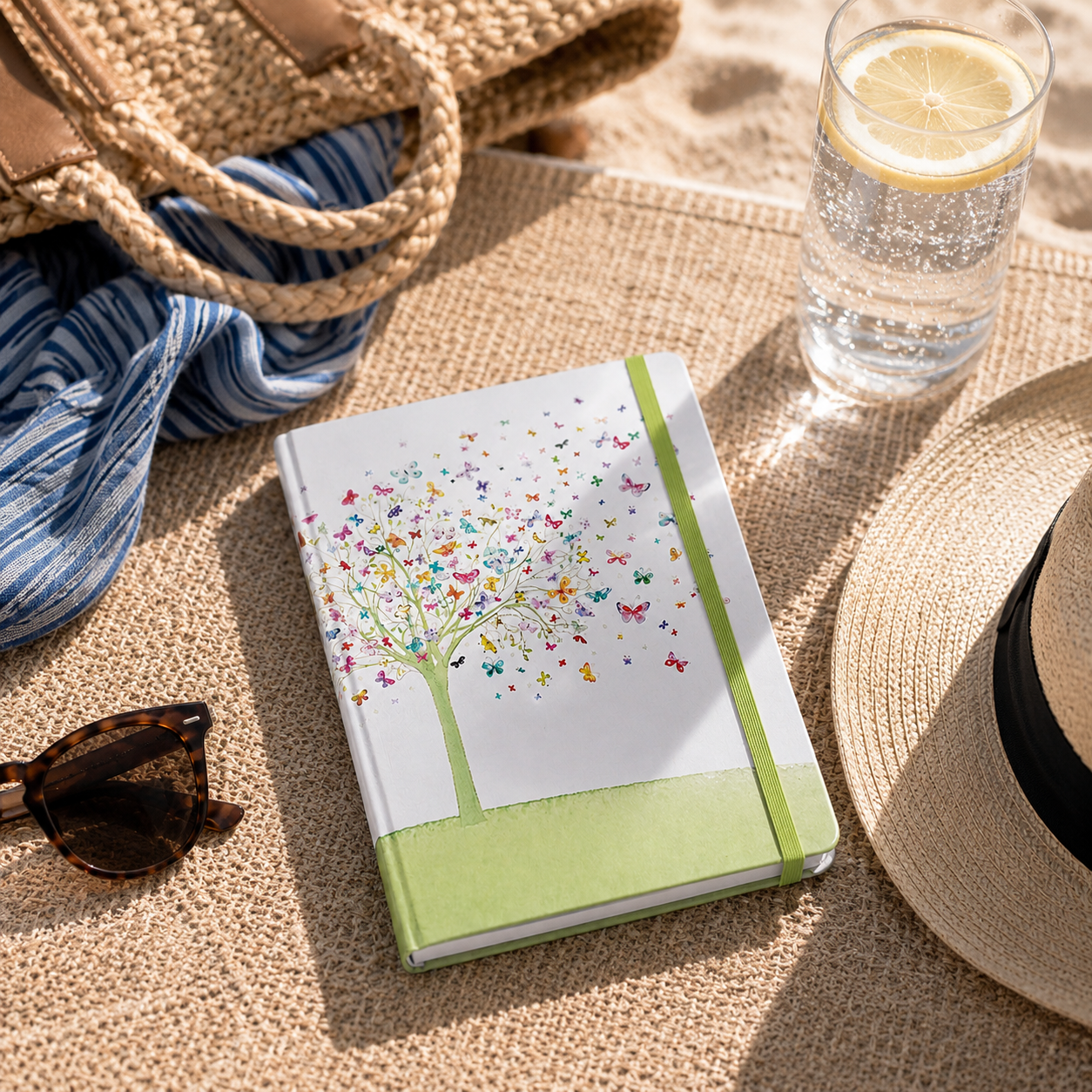 Notebook with butterfly design on a  beach with sunglasses, hat, and glass of water.