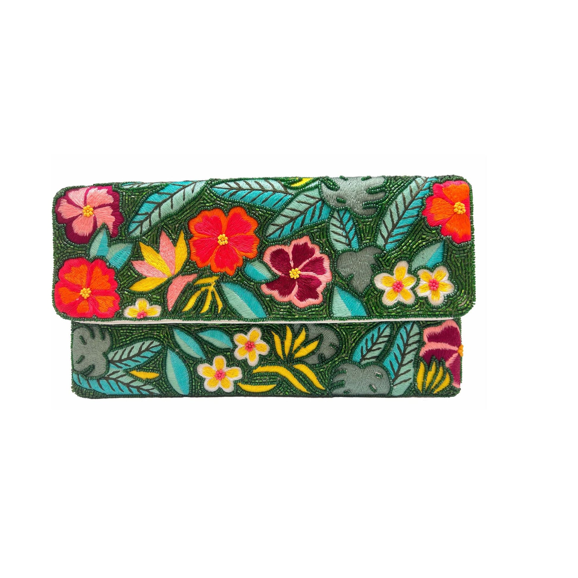Hand-beaded floral beaded clutch with colorful tropical flowers and green leaves.