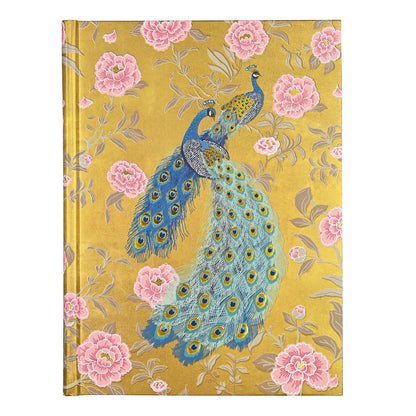 Journal with peacock and floral design on a gold background