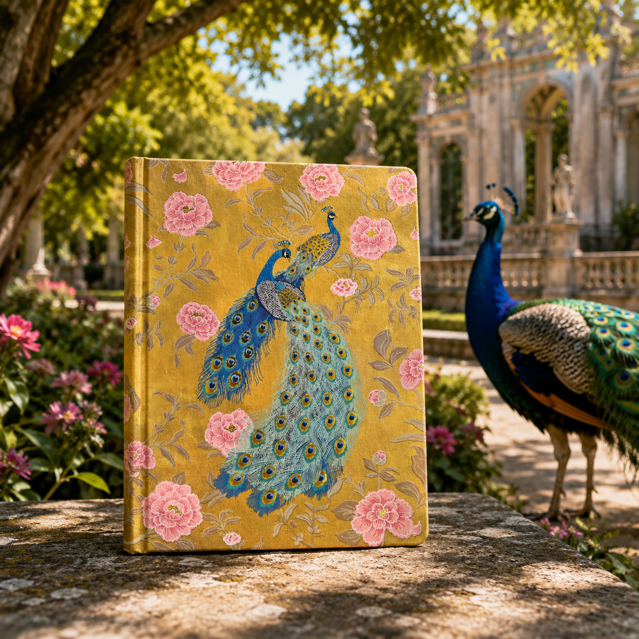 Decorative notebook with peacock design in a garden setting