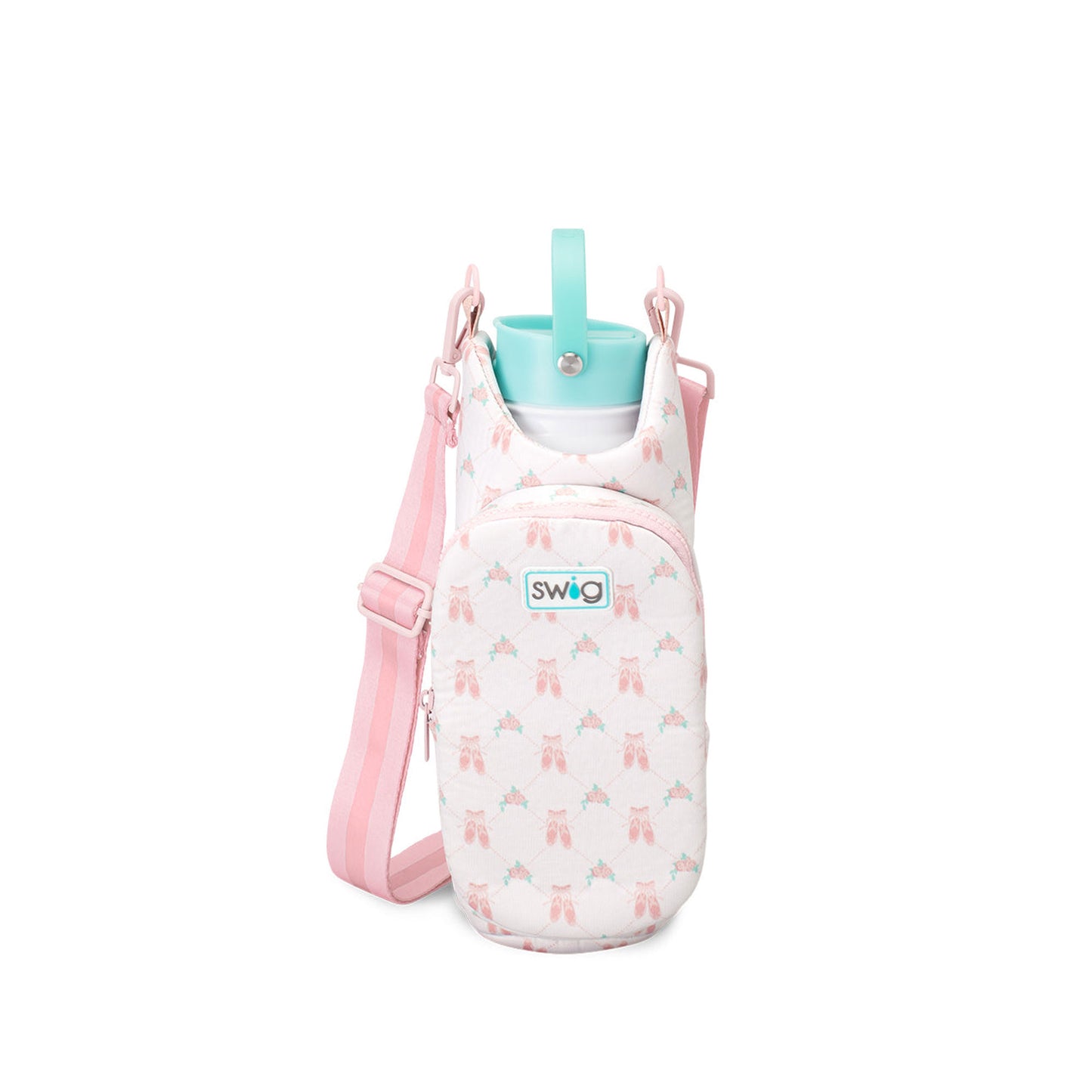 water bottle cooler bag with pink strap and Ballet Flats pattern on a white background
