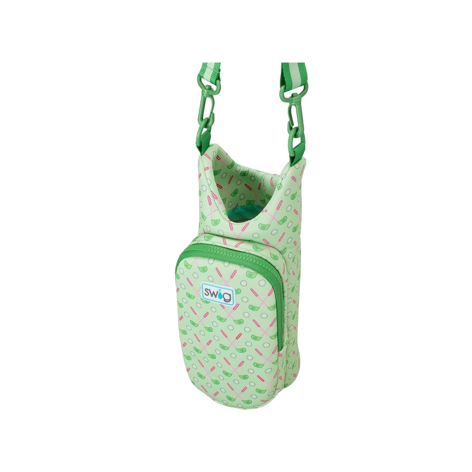 Green water bottle carrier with a golf pattern on a white background