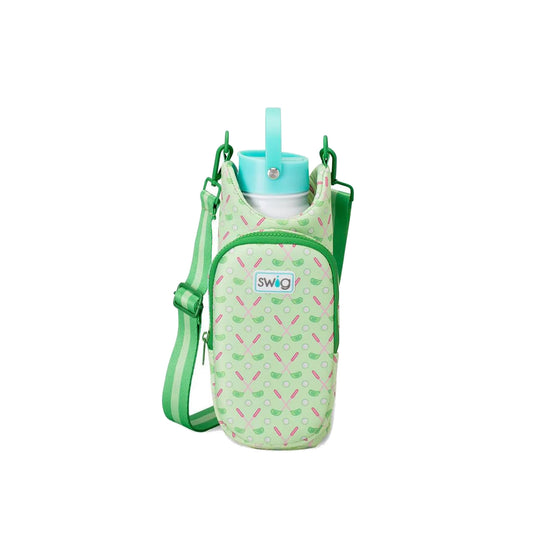 Green water bottle carrier with a golf pattern on a white background