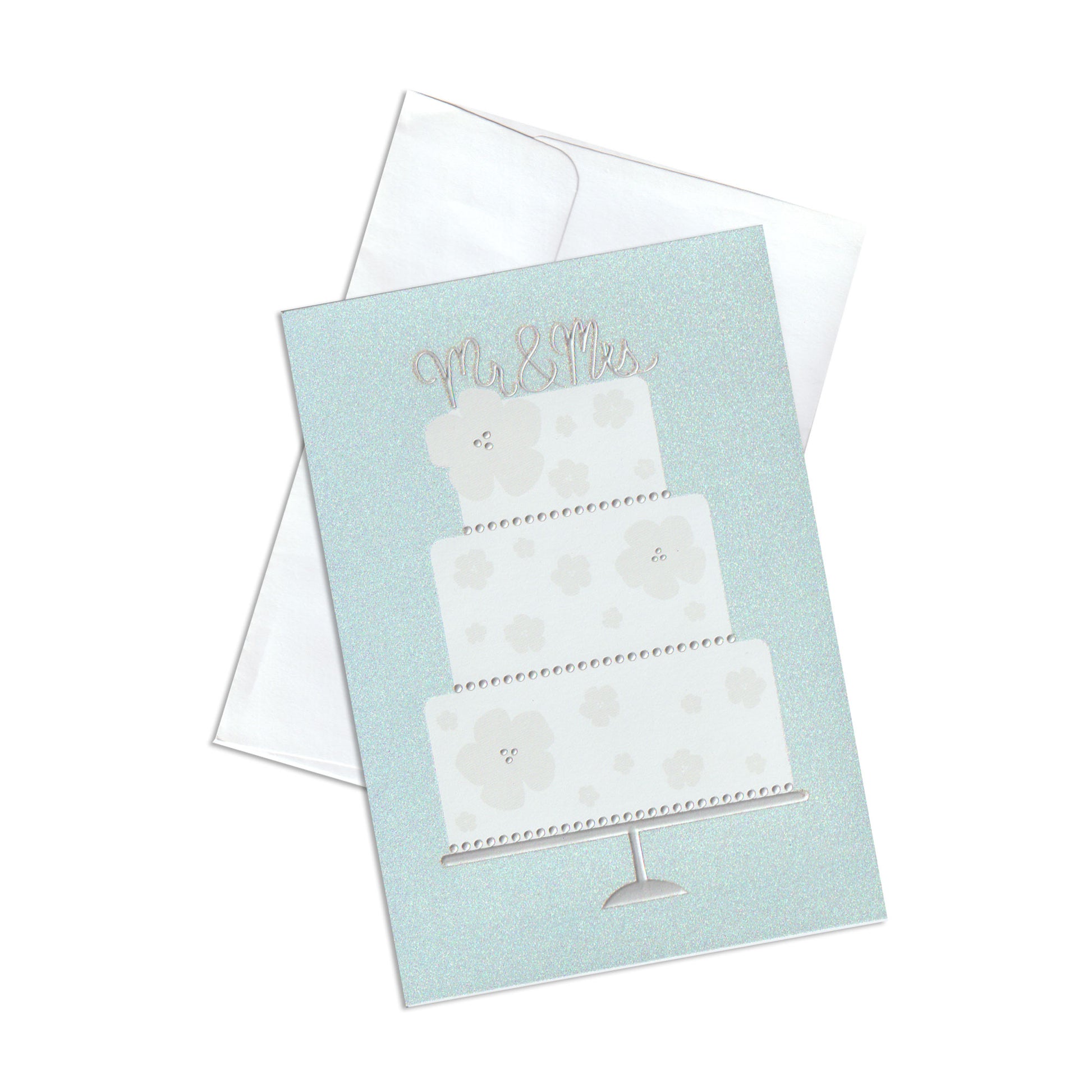 Wedding card with a cake illustration on a light blue background