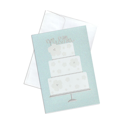 Wedding card with a cake illustration on a light blue background