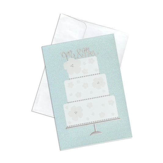 Wedding card with a cake illustration on a light blue background
