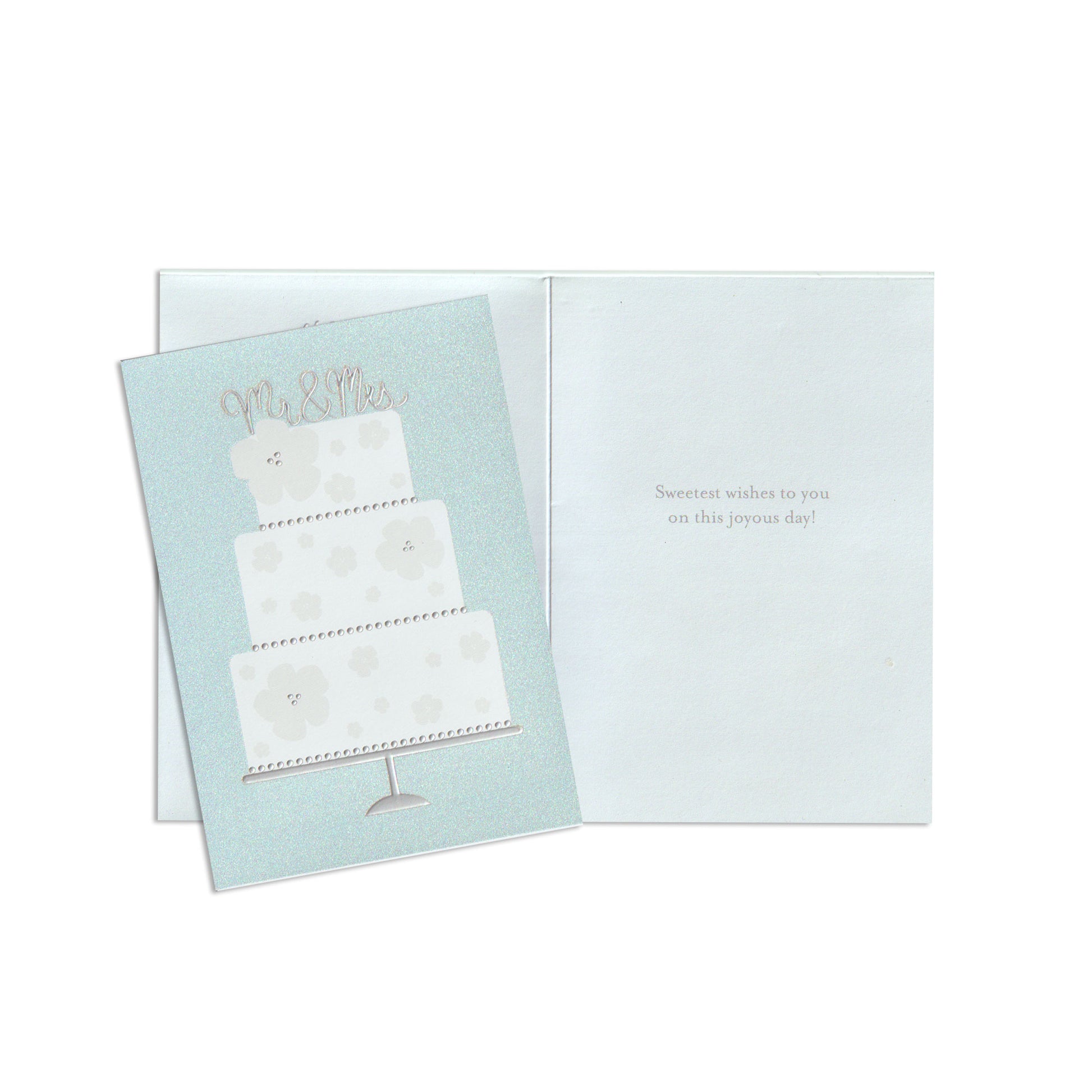 Greeting card with a four-tier cake illustration on a light blue background