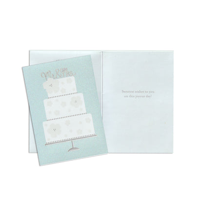 Greeting card with a four-tier cake illustration on a light blue background