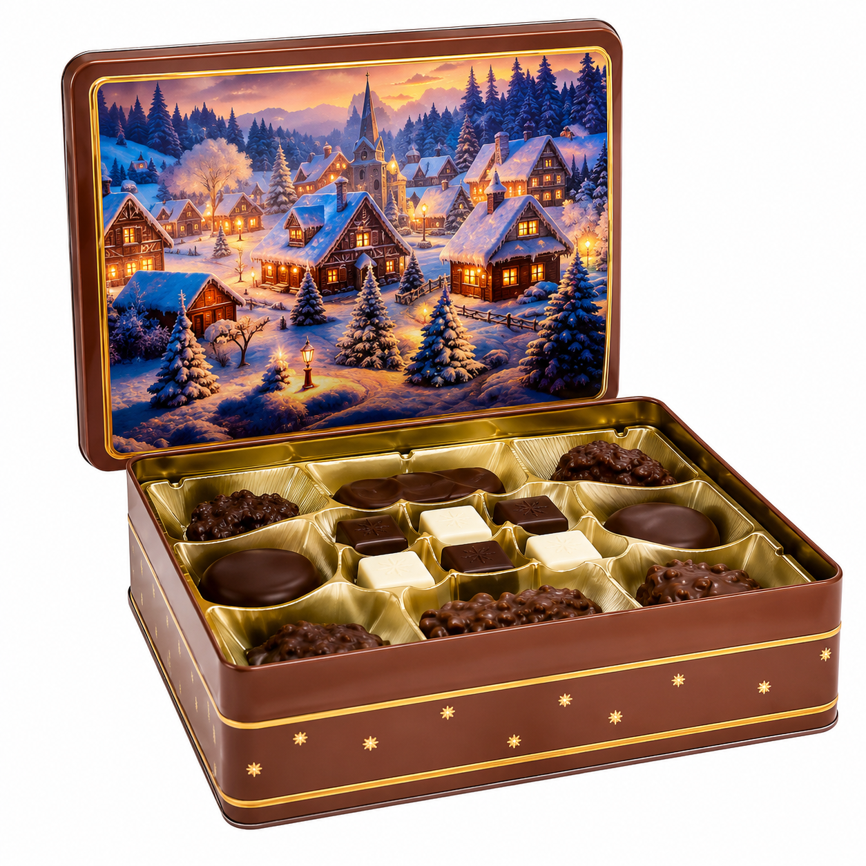 Chocolate tin with a winter village scene on the lid, filled with assorted chocolates.