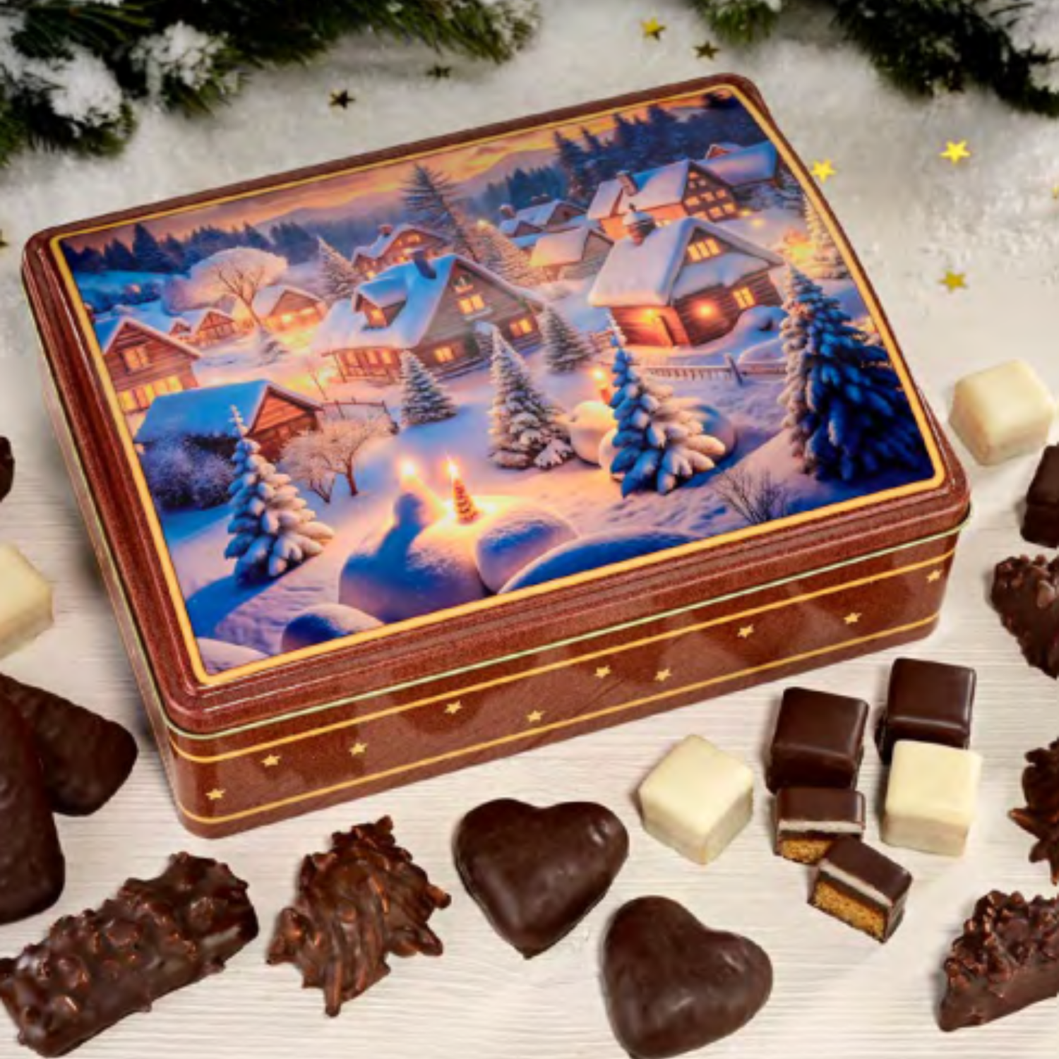 Decorative chocolate tin with a winter scene surrounded by various chocolates on a snowy background.