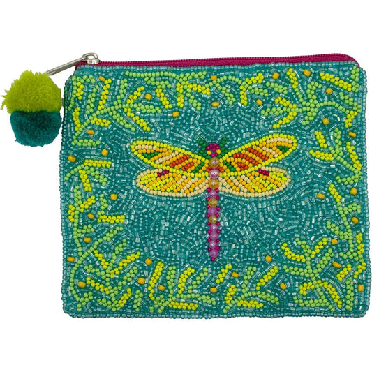 Yellow Green Dragon Fly Beaded Coin Pouch - For Her - shop_name